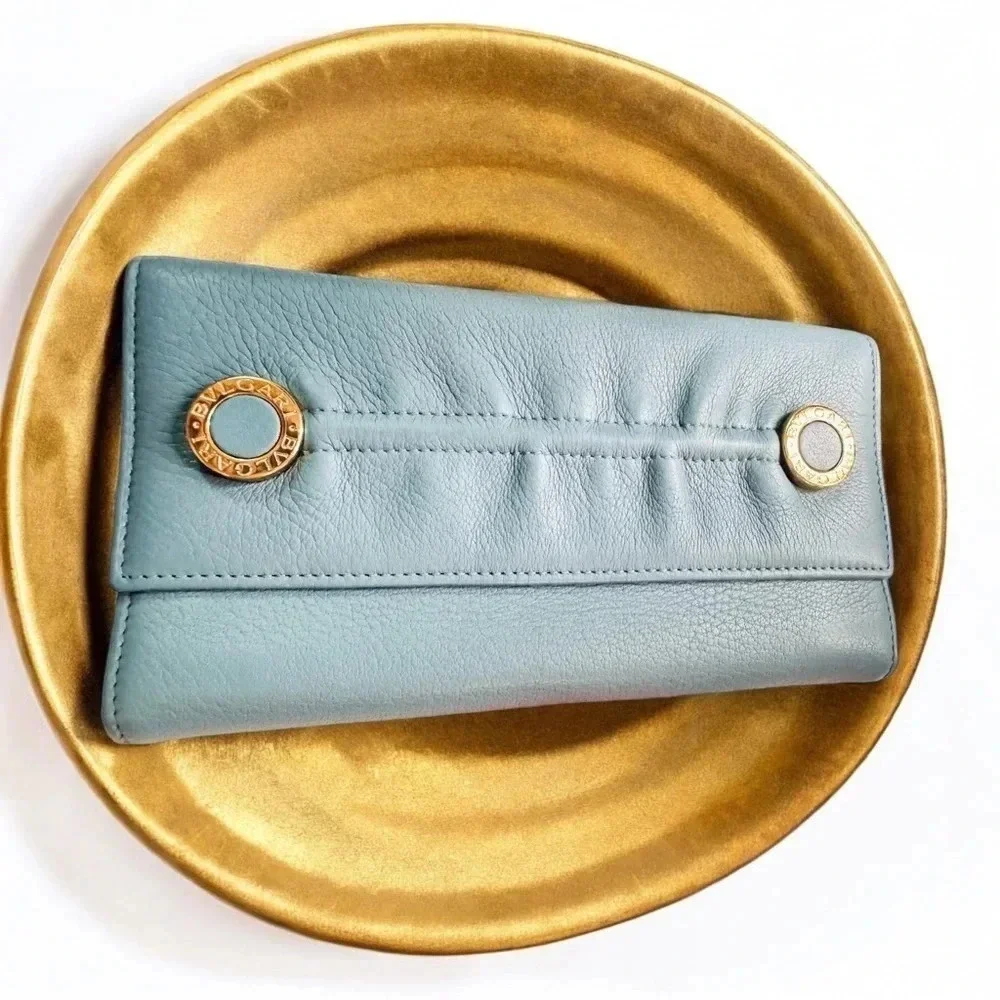 Rare Bvlgari Double Logo Blue Leather Flap Trifold Long Wallet